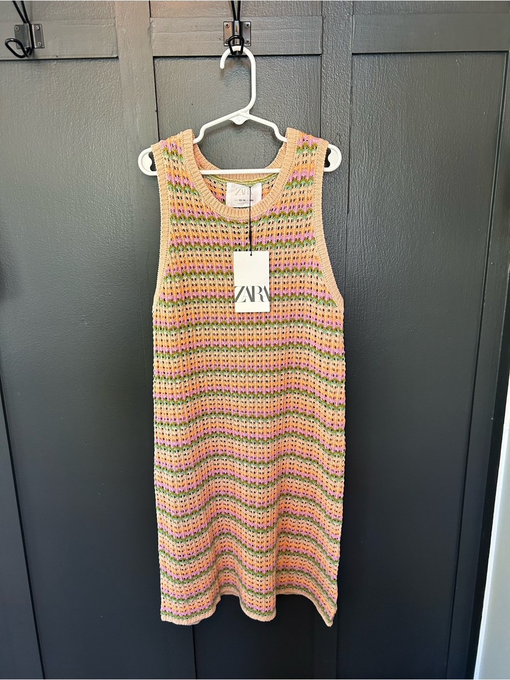 ZARA Kids Striped Knit Tank Dress in Pink, Green & Cream